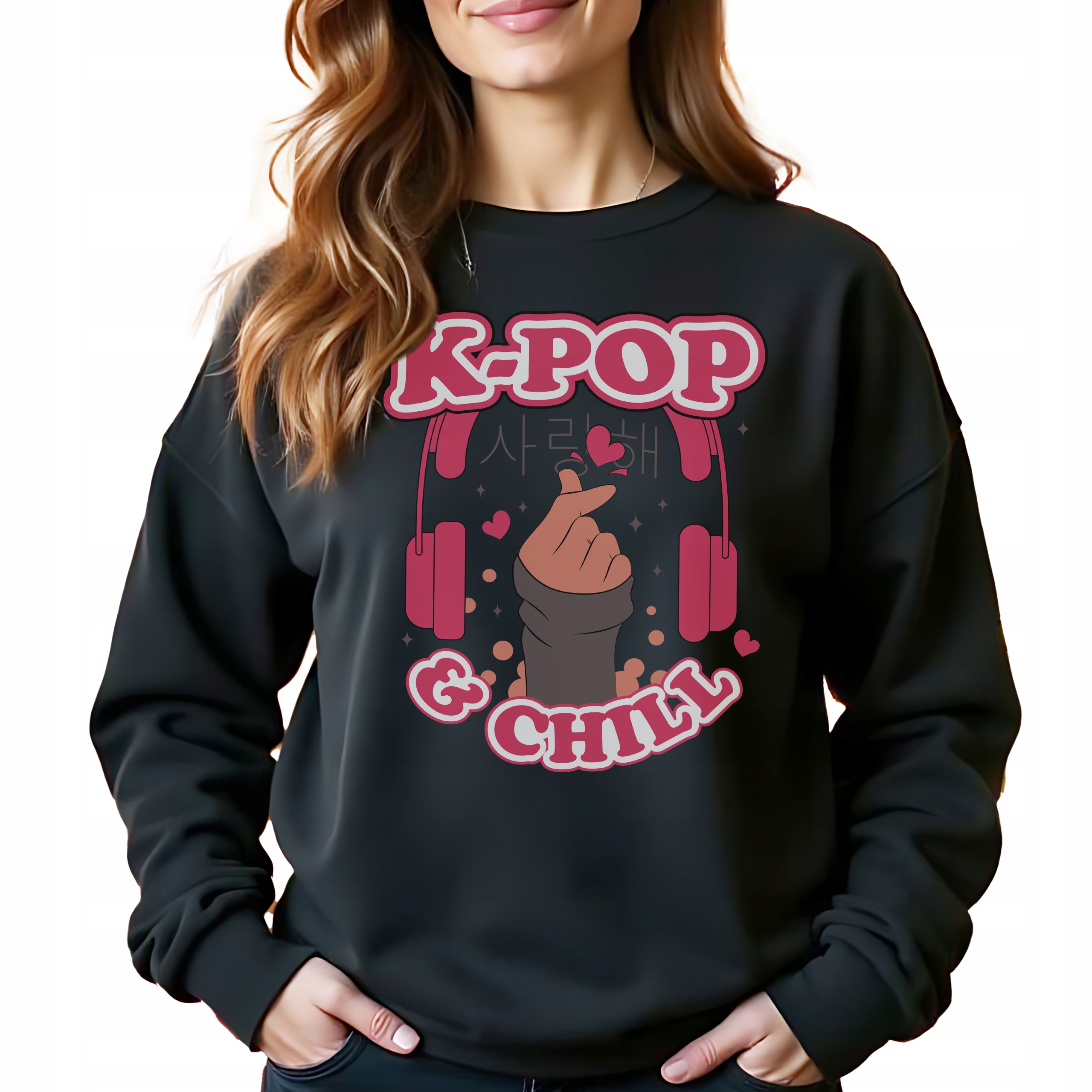 Černá bavlněná Mikina Kpop & Chill Stylová Bez Kapuce Jako Dárek Vel S