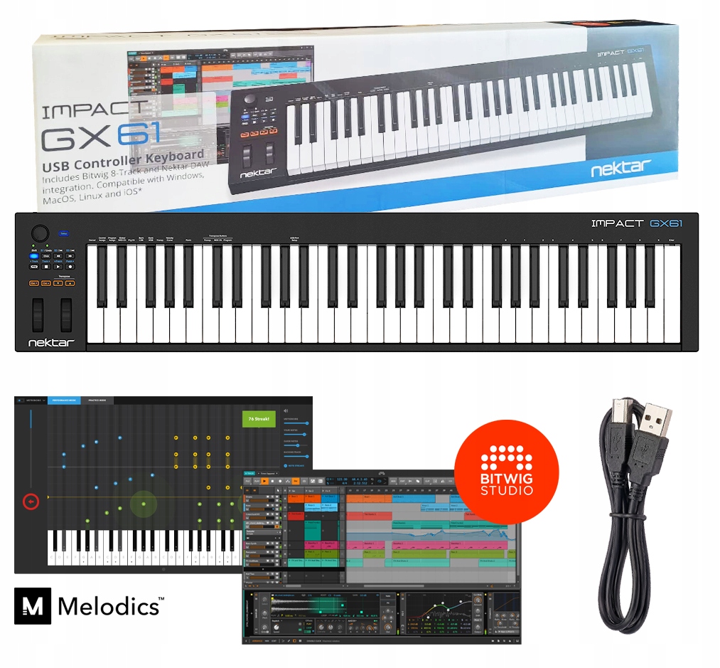 Nektar Impact GX61 Usb MIDI kontrolerová klávesnice pro Bitwig Studio Melodics