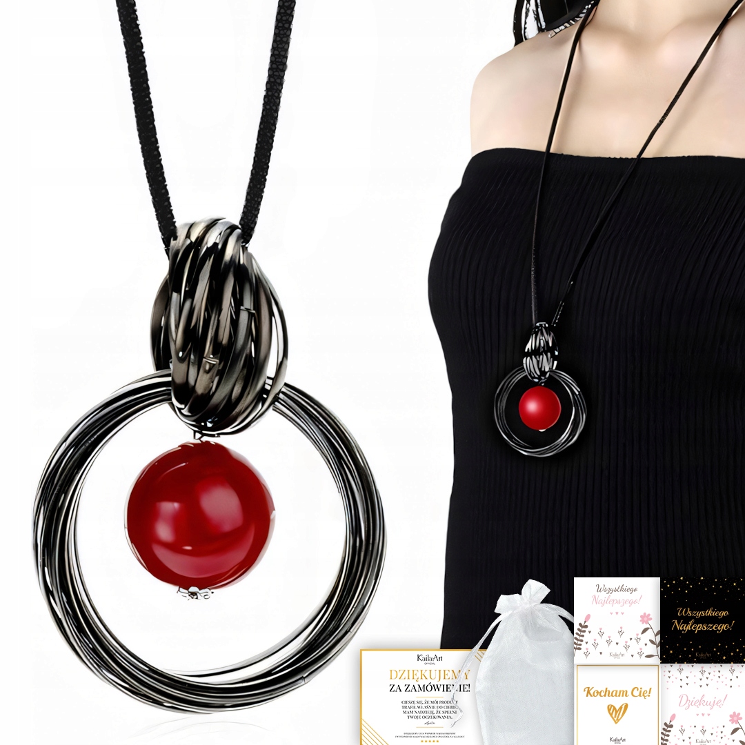 Náhrdelník Řetízek Dámský Dlouhý Černý Červený Kulička Kolo Boho Přívěsek