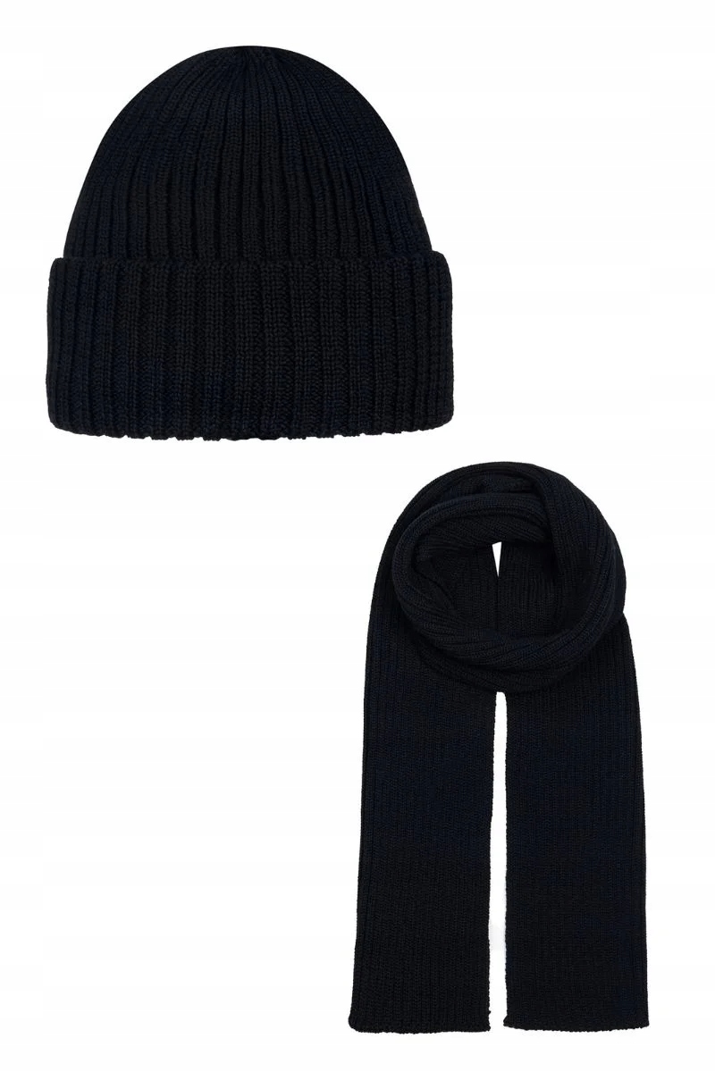 Unisex sada Ander: čepice a šála, dámská pánská, merino vlna, model Daily Black, velikost 58