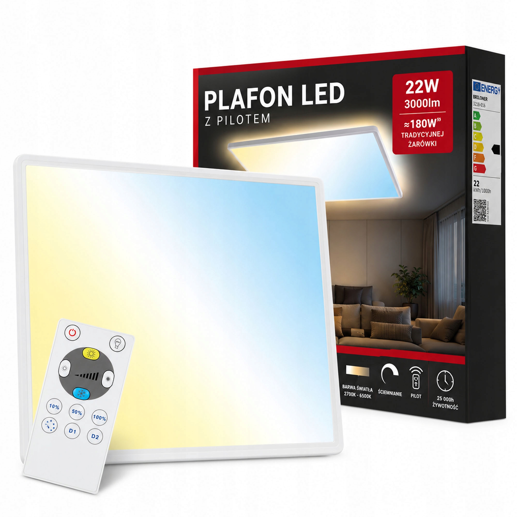 stropní svítidlo Led 22W na dálkové ovládání, stmívatelná, Cct, ultra plochá, čtverec, 42 cm
