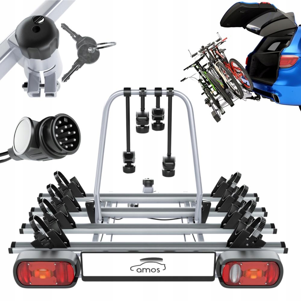 BAGAŻNIK ROWEROWY NA HAK PLATFORMA 4 ROWERY - AMOS - UCHYLANY 13 PIN ZAMEK