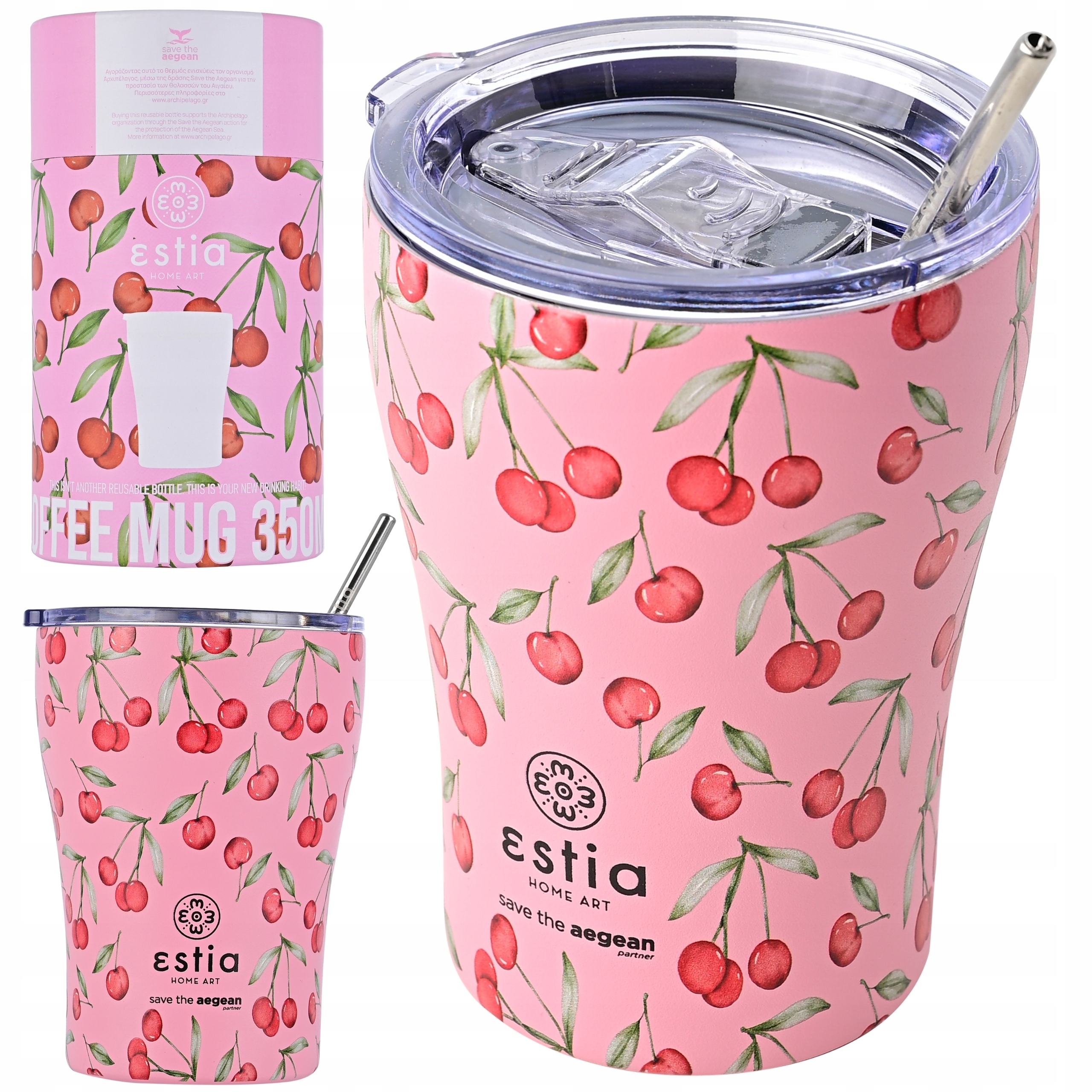 Kubek termiczny na kawę herbatę ze słomką w pudełku 350 ml szczelny