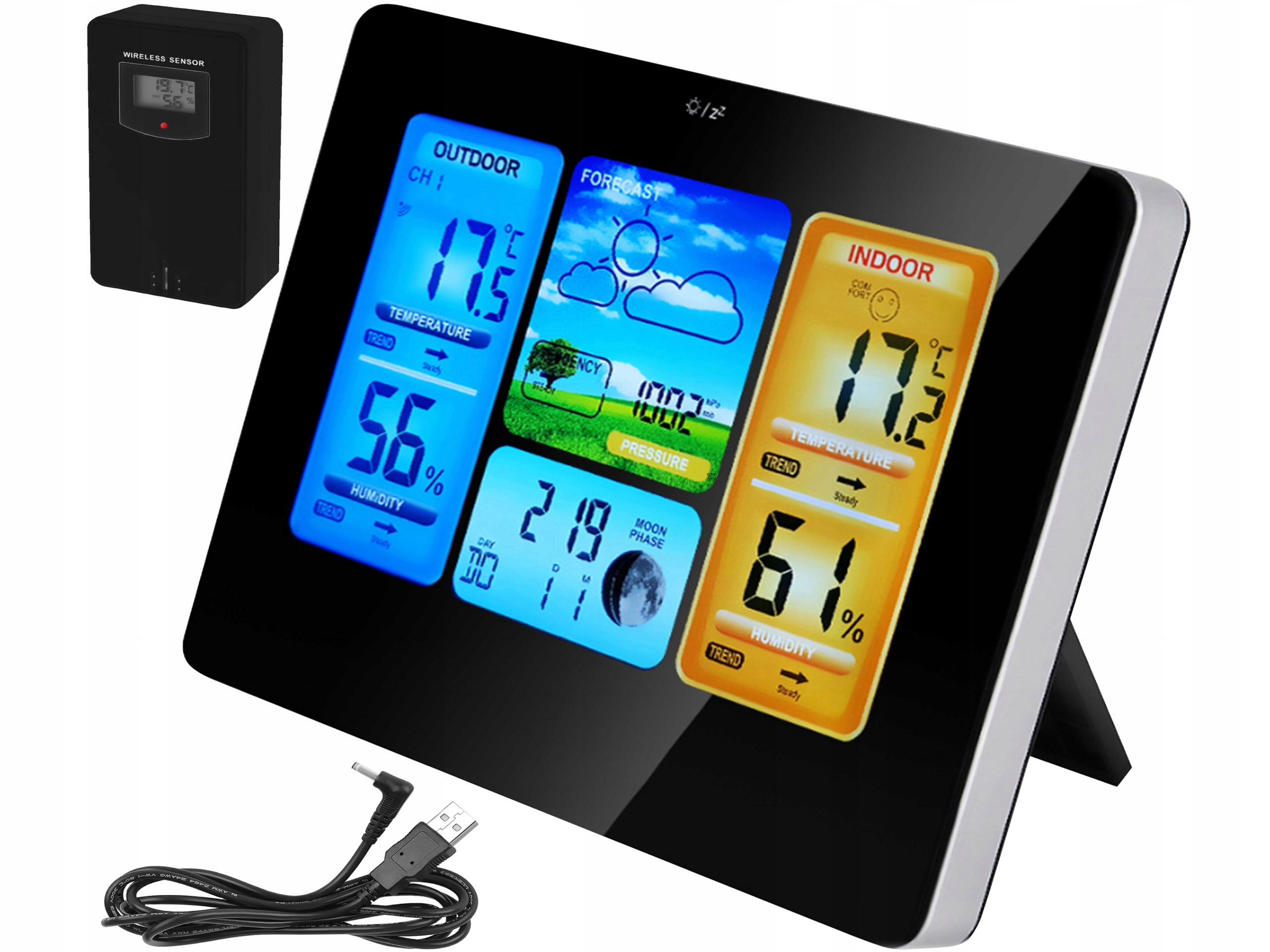 Bezdrátová meteostanice s vlhkoměrem, teploměrem, senzorem, hodinami a datem