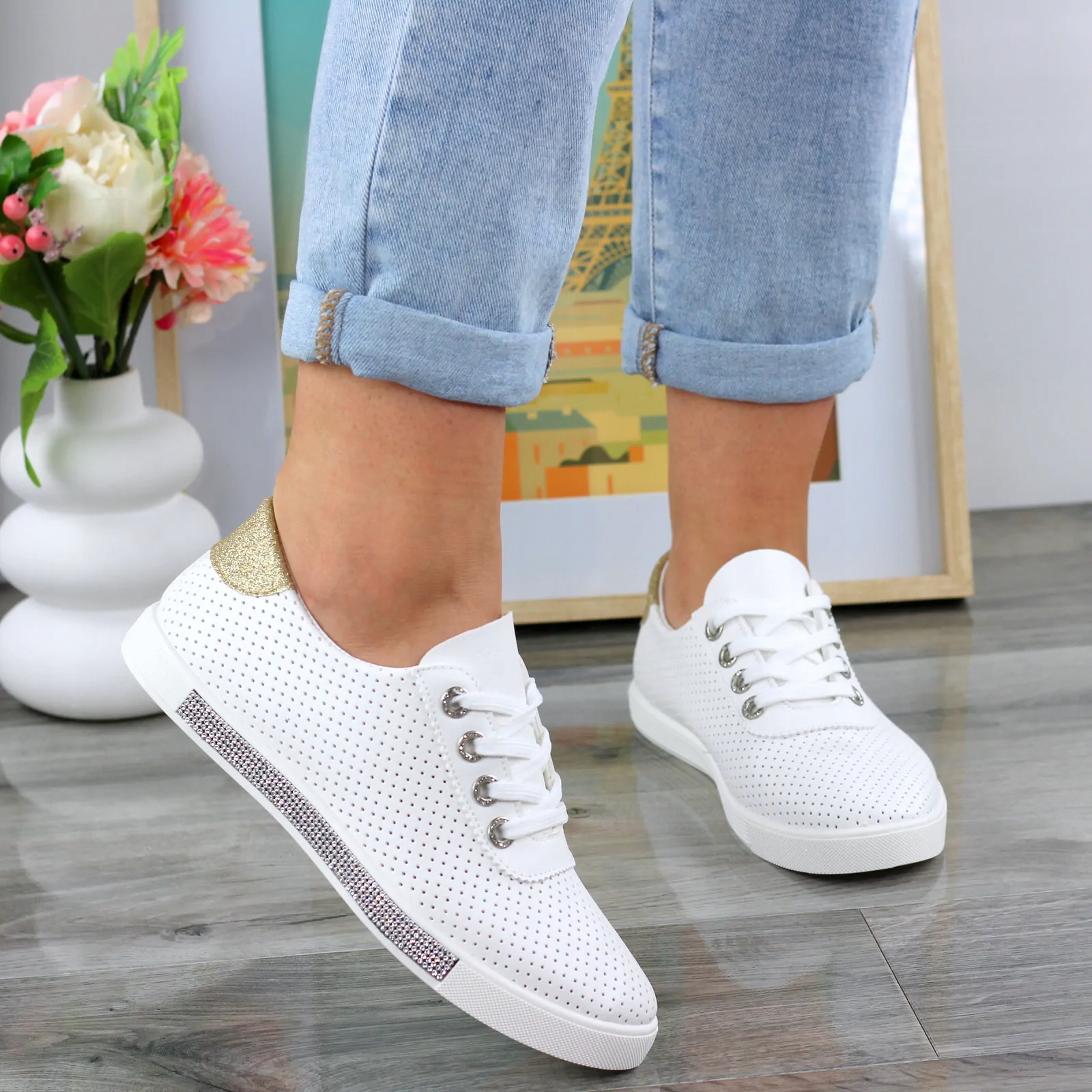 Miękkie Wygodne Biało Złote Eko Skórzane Tenisówki Ażurowe Trampki Damskie Marka bez marki