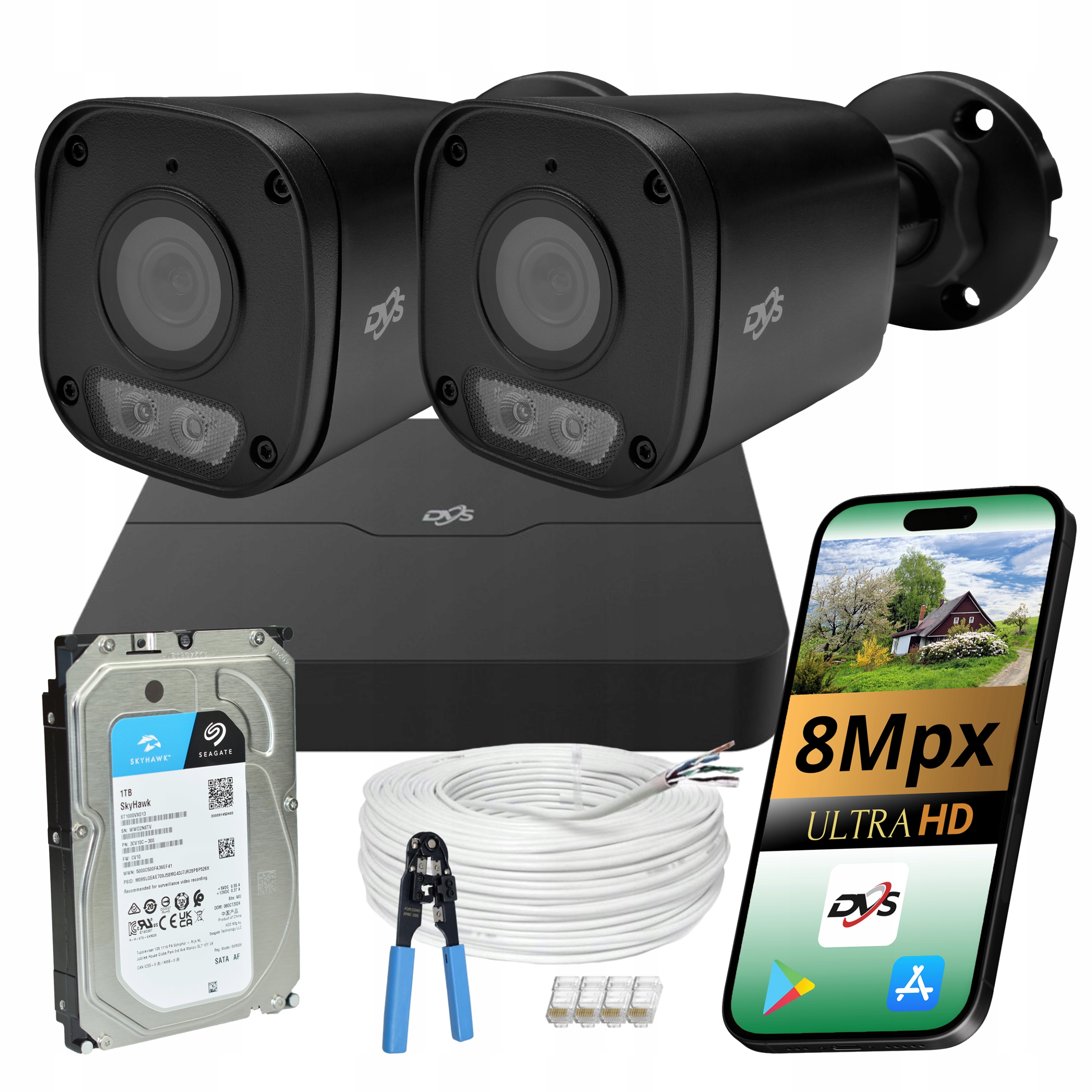 Monitoring Set 2x Tubová Kamera Dvs 8MPX Ip PoE Hybridní Venkovní 1TB