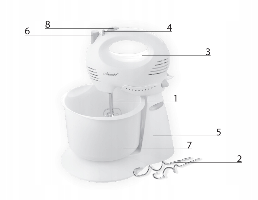MOCNY Mikser MAESTRO Robot kuchenny Z MISĄ 5 biegów 300W TURBO 4 KOŃCÓWKI Tryby pracy turbo