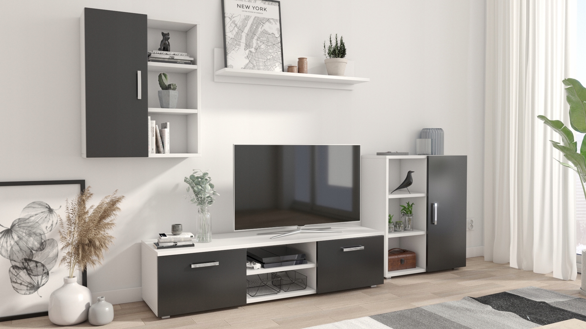 Sada nábytku Nábytková Stěna Ikar Bílá Černá do obývacího pokoje Rtv Komoda Skříňka