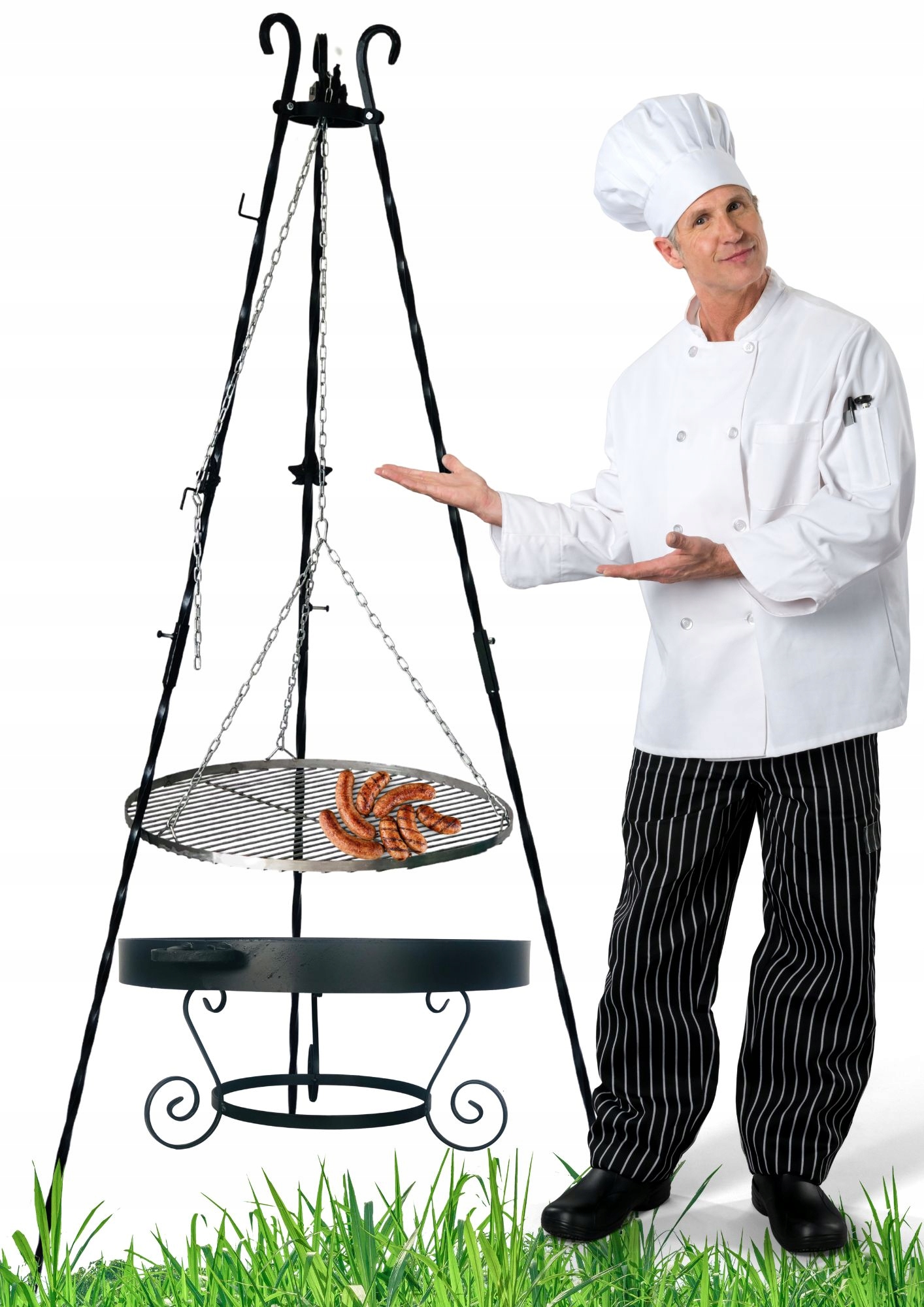 Grill Ogrodowy Kuty Trójnóg Palenisko Regulowany Ruszt Nierdzewny +szczypce