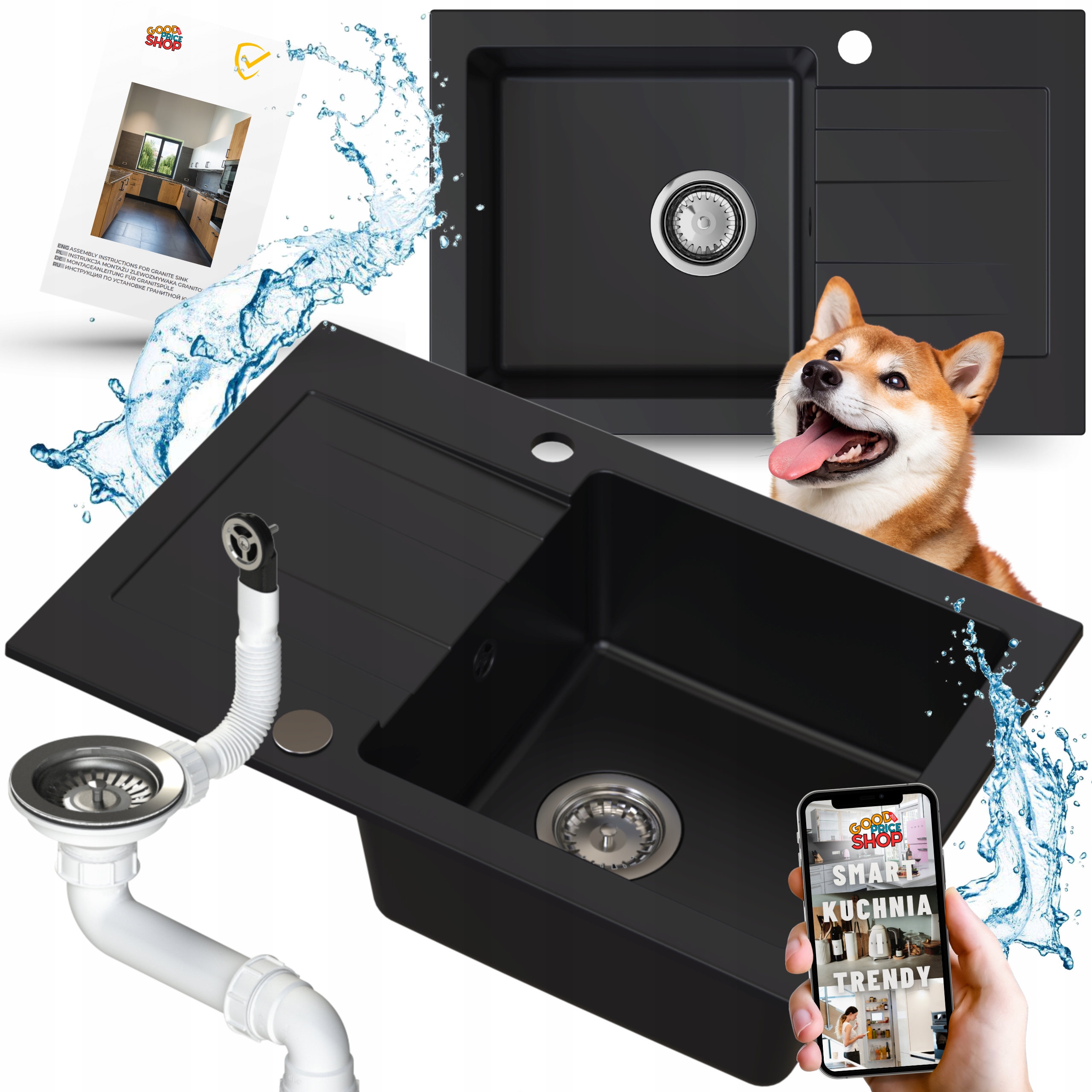 Zlewozmywak Granitowy Jednokomorowy Czarny Mat Z Ociekaczem Syfon Srebrny