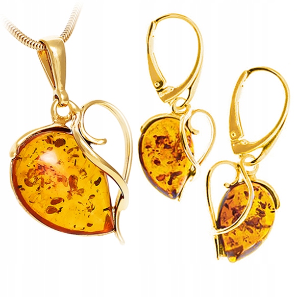 Zlatý Komplet srdíčko z Jantaru ze stříbra 925 dárek Na Velikonoce