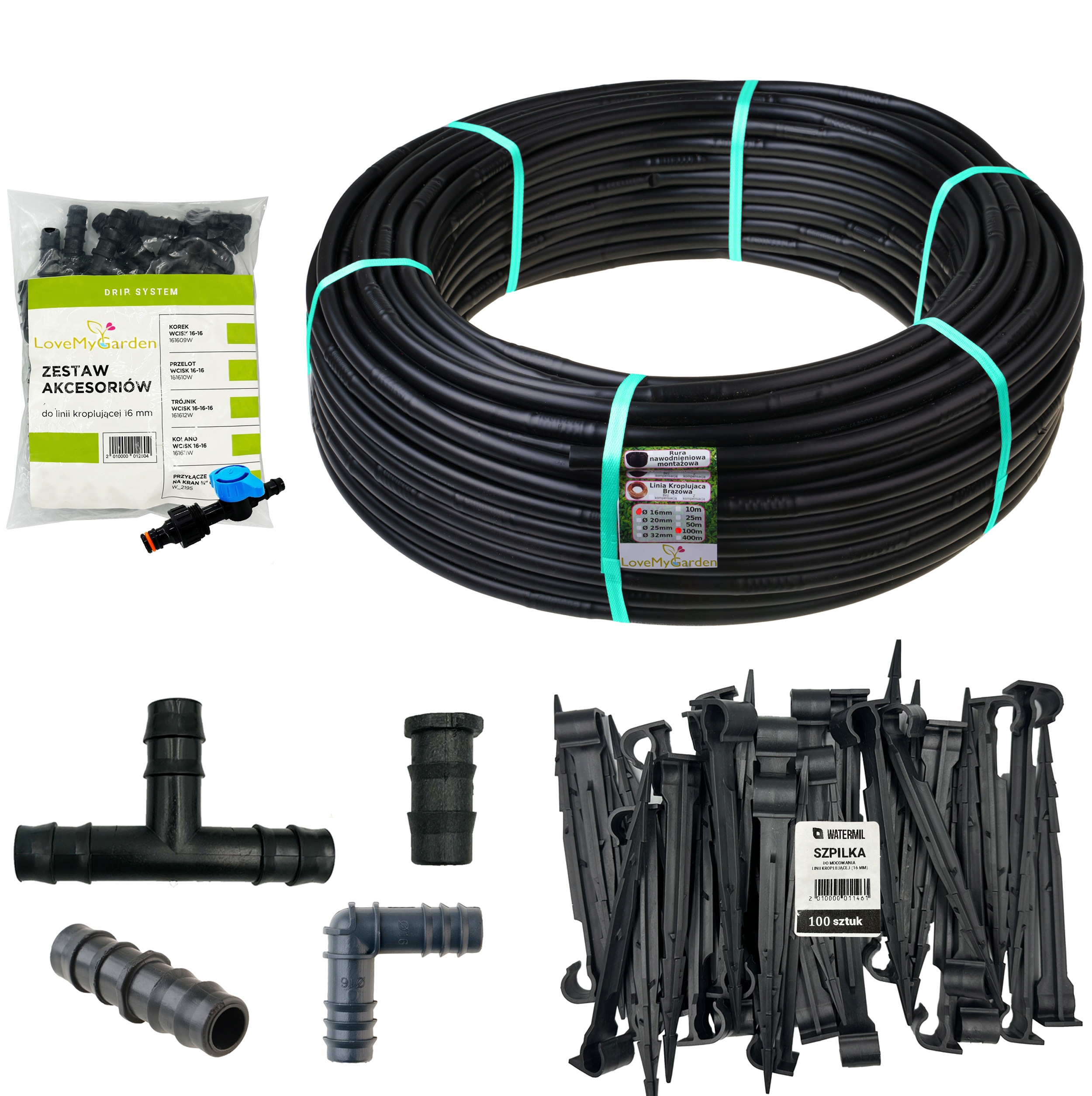 Linia kroplująca 16mm 100m z kompensacją 137 akcesoriów Wąż kropelkowy XXL