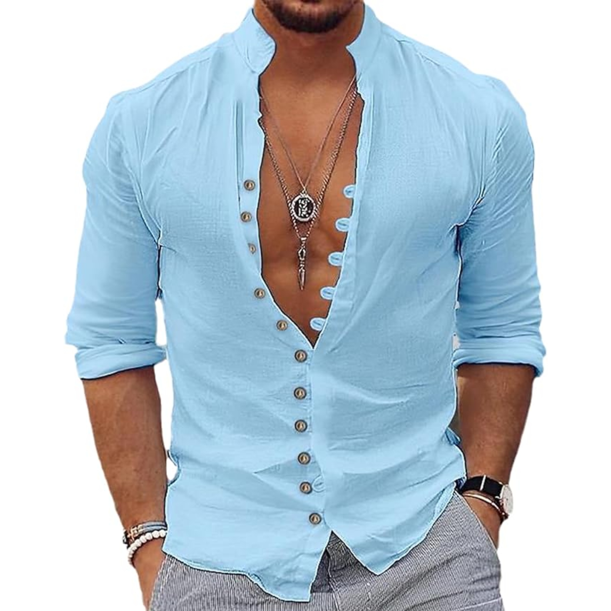 Męska koszula bawełniana letnia z ozdobnymi guzikami i stójką