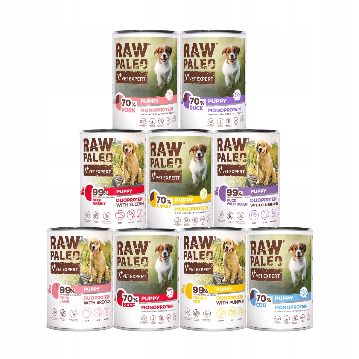 Raw Paleo mix 9 smaków karma mokra Premium 70% Mięsa szczeniak 9x400g