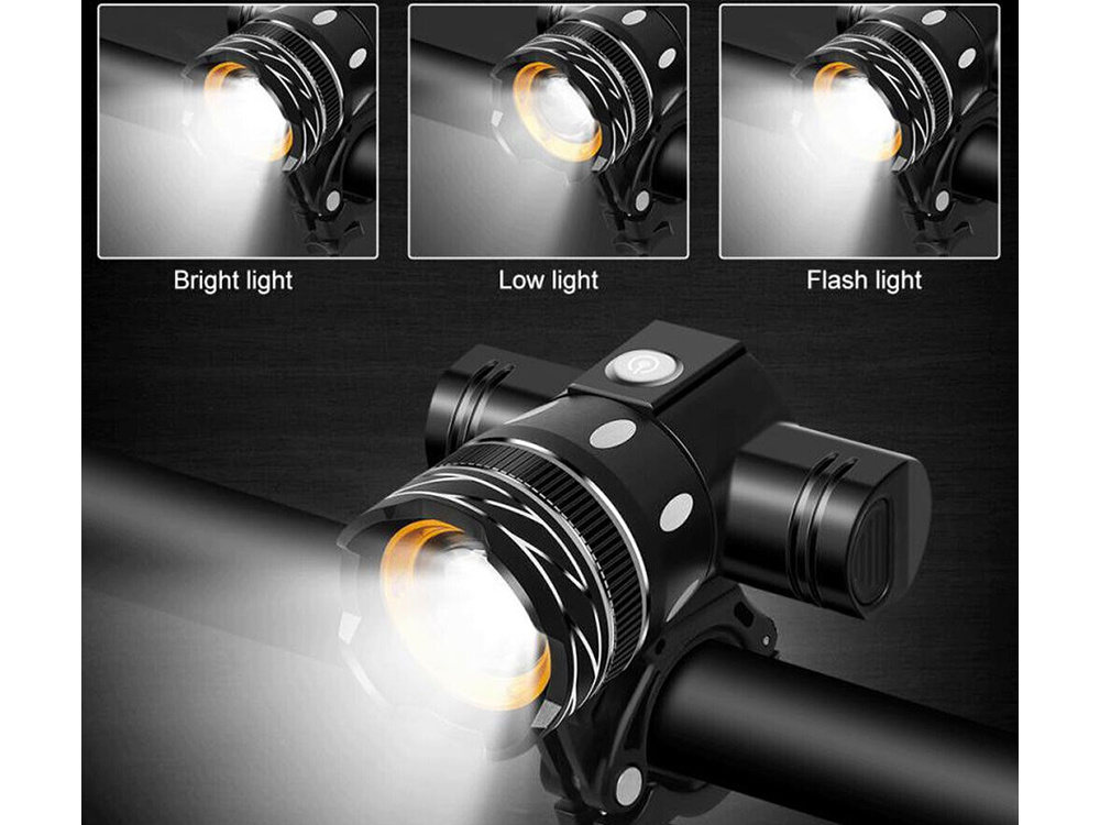 LAMPKA ROWEROWA KOMPLET ZESTAW LED CREE T6 PRZÓD TYŁ 3 TRYBY ZOOM AKU USB Model XXY-7602