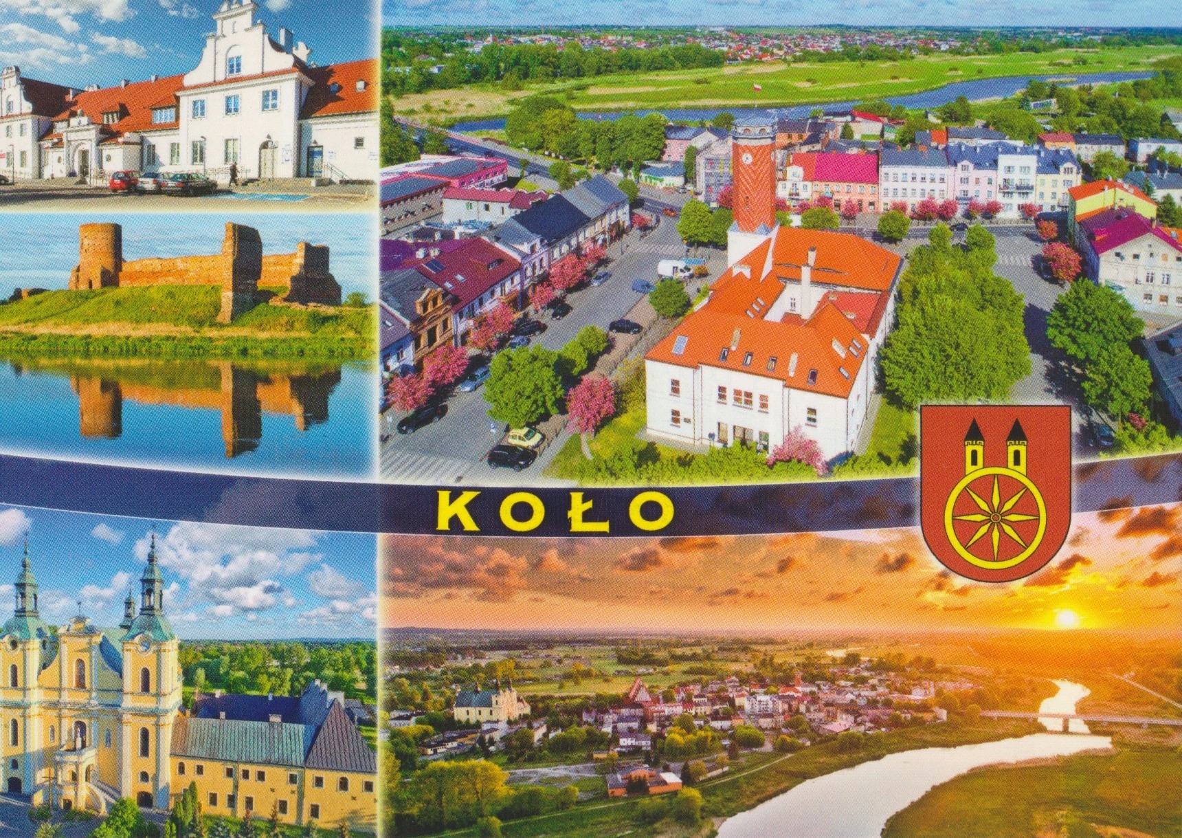 KOŁO - Z LOTU PTAKA - KOŚCIÓŁ - KLASZTOR - RATUSZ - ZAMEK - WARTA - HERB