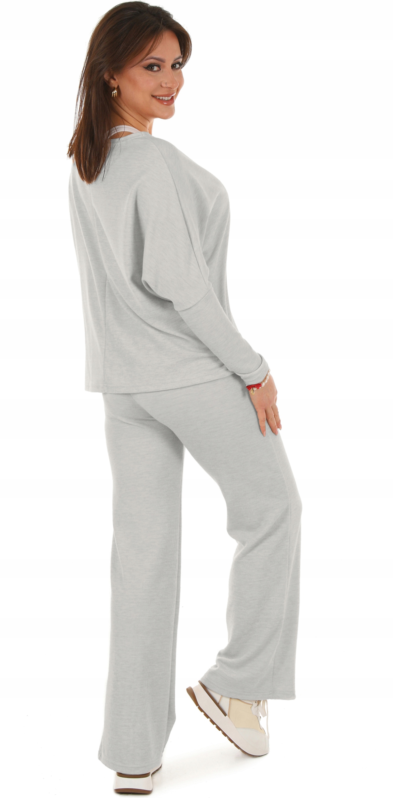 F647 Dzianinowy KOMPLET szerokie SPODNIE + luźna BLUZKA narzutka L/XL Model F647