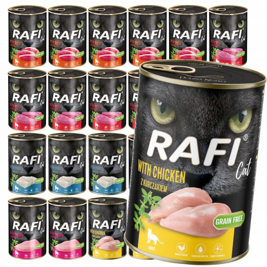 Levně Rafi Cat Adult 24x400 g Bezobilné Mokré Krmivo Pro Kočky Mix 5 příchutí