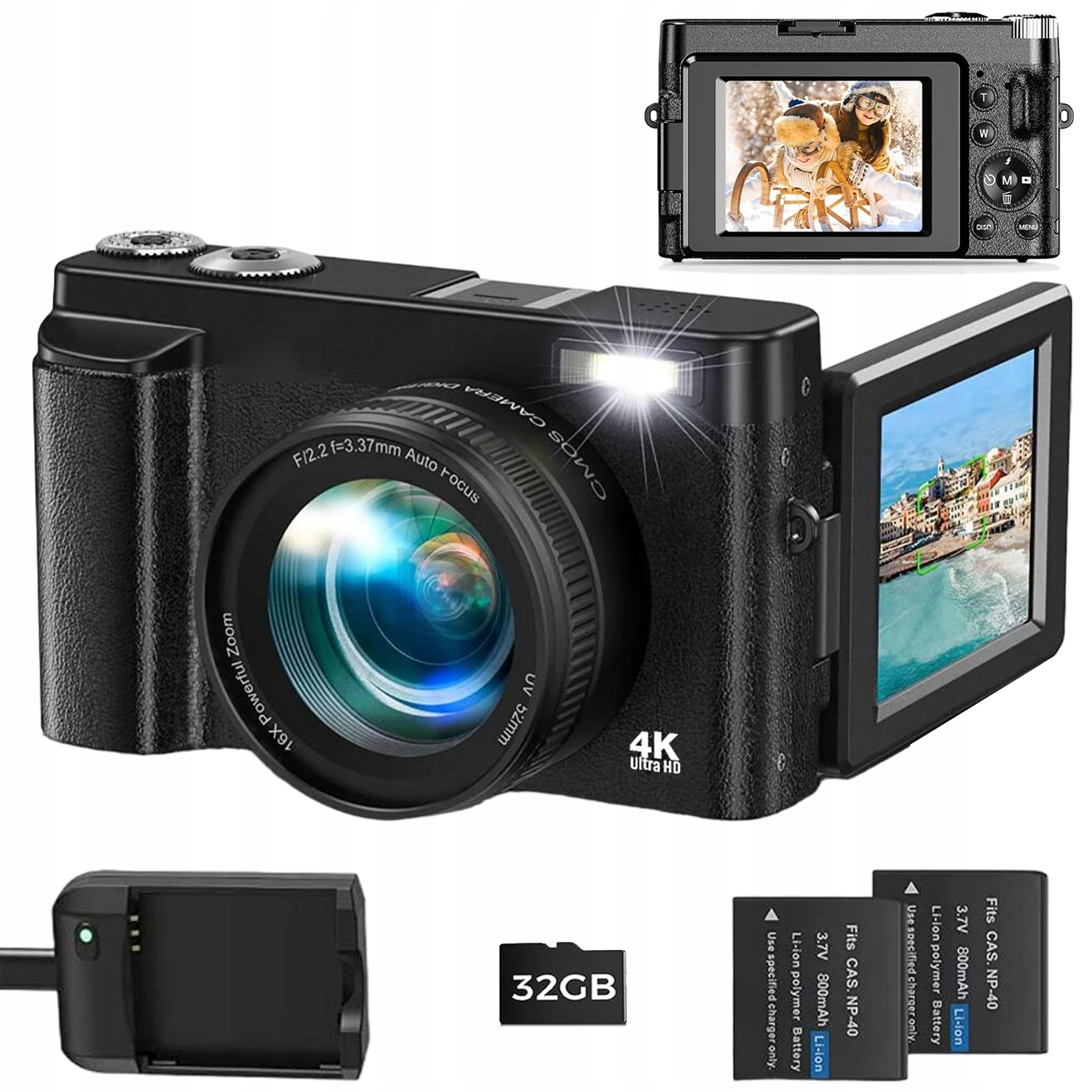 Digitální Fotoaparát 4K S Automatickým Ostřením Obrazovka 3.0" 180° Karta Sd 32 Gb Hdmi