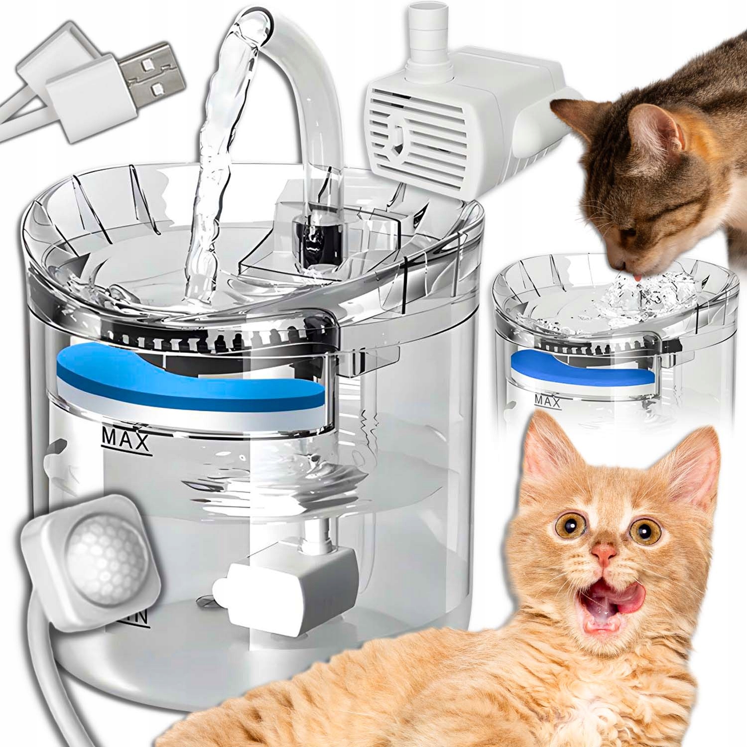 2x Napáječka Fontána pro kočky Psa Vodní Miska >2,5L Filtr Snímač pohybu