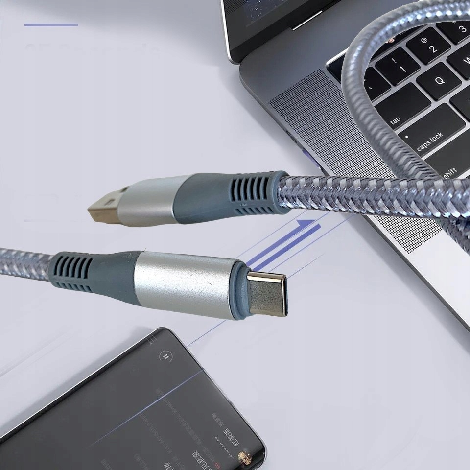Szybki Kabel USB-C 3m 6A 120W Typ C Szybkie Ładowanie USB - USB Typu C QC Kolor szary