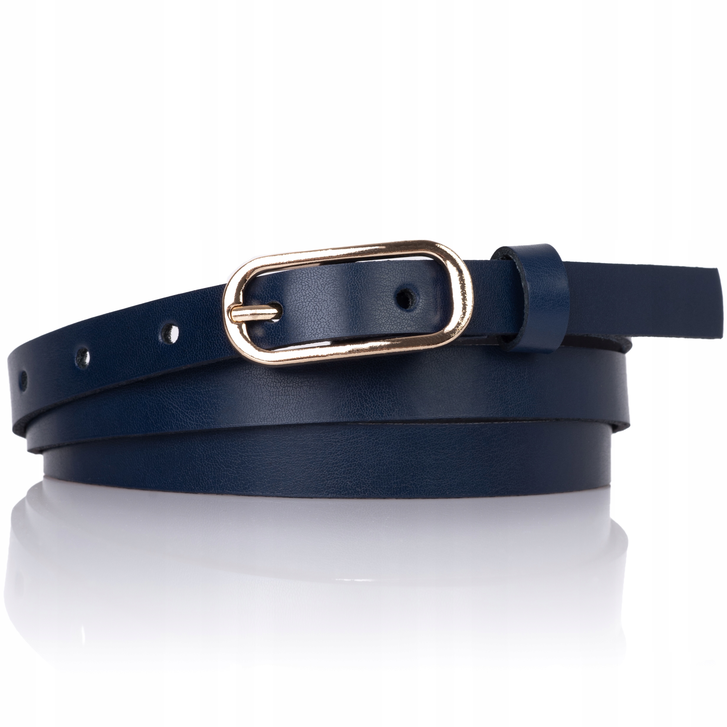 

Pasek skórzany Granatowy wąski Złota Klamra cienki