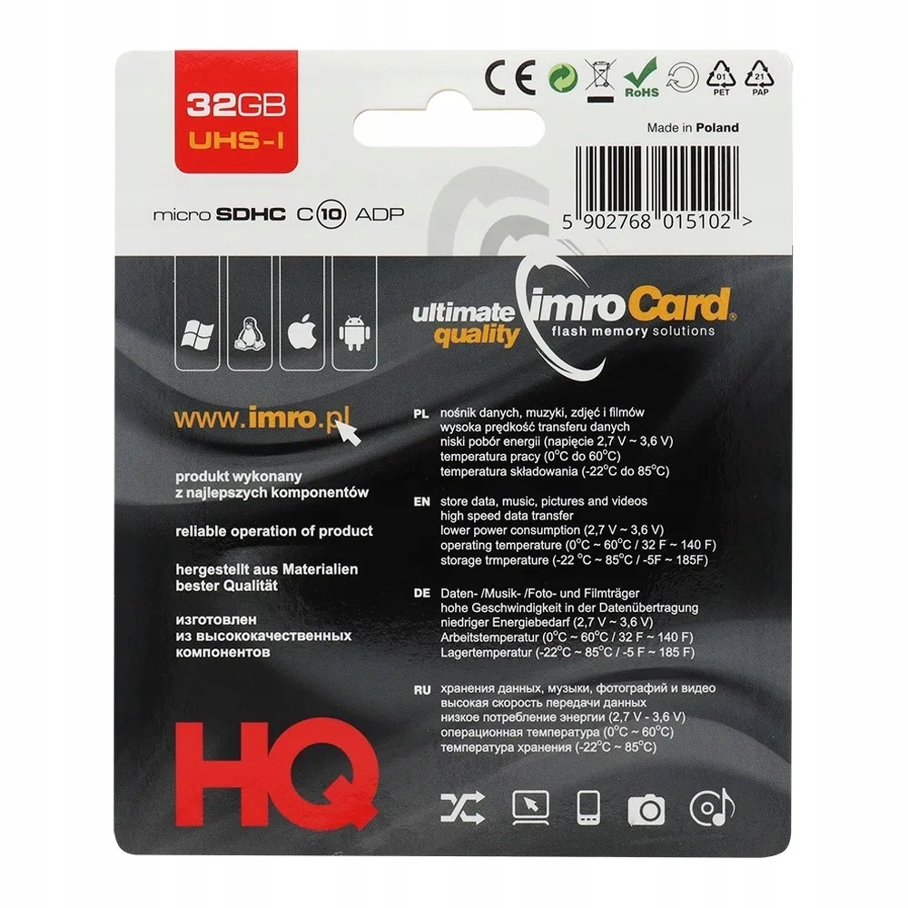 Karta Pamięci IMRO microSD 32GB CLASS 10 UHS I 100MB/s z adapterem SD Producent IMRO