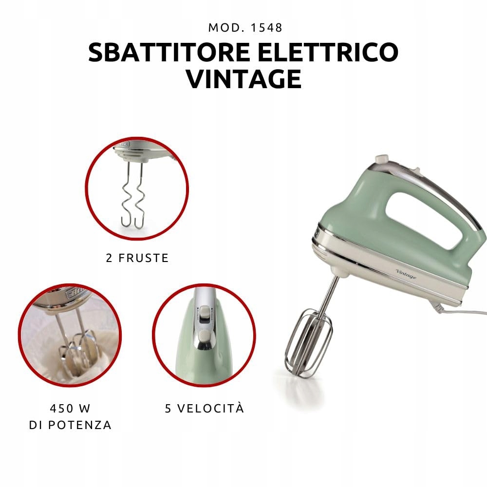 ARIETE Vintage Mikser Ręczny 5 Prędkości Turbo 450W Zielony — miniatura 2