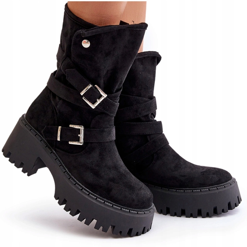 Dámské Kotníkové Boty Eko Semišové S Páskem A Sponami Masivní Podpatek Černé 40