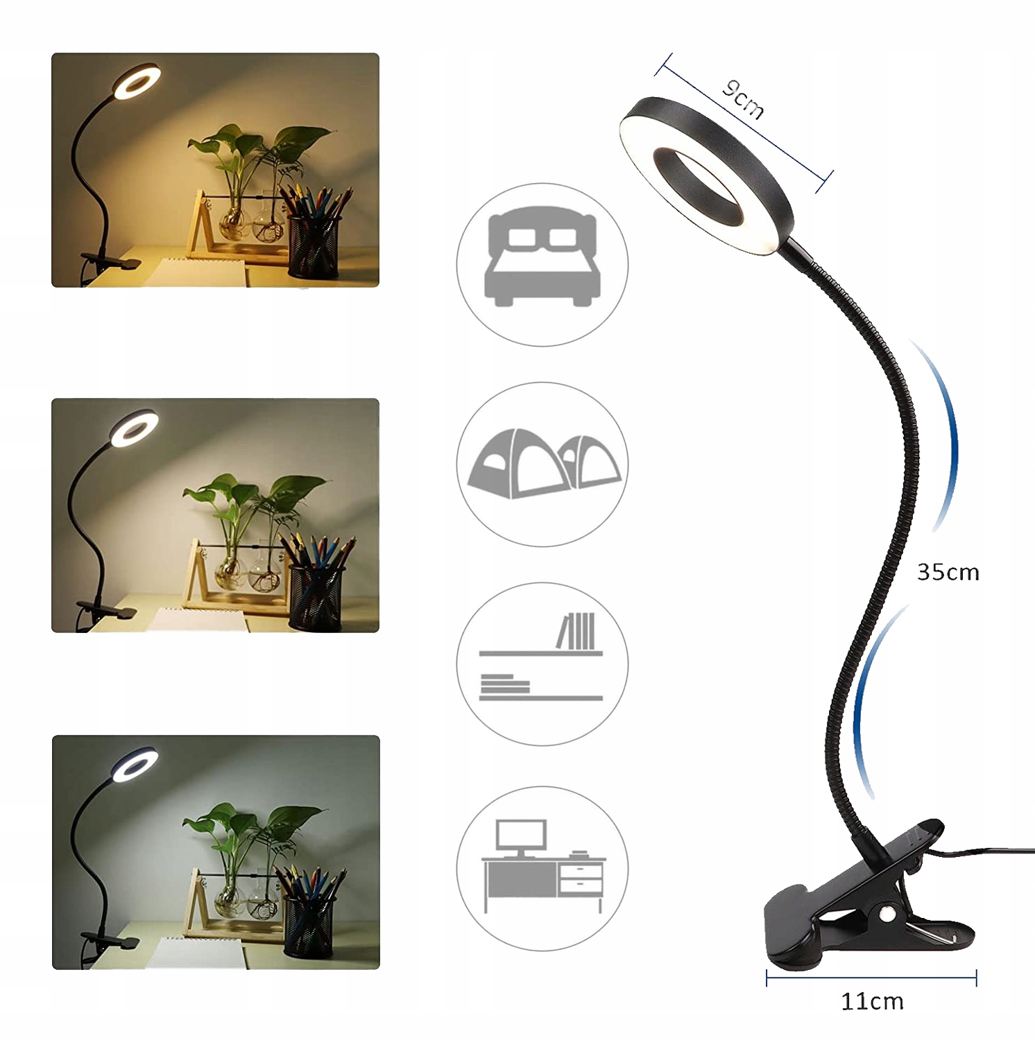 LAMPKA LED BIURKOWA KLIPS DO CZYTANIA USB 3 ODCIENIE ŚWIATŁA REGULACJA 360 Marka inna