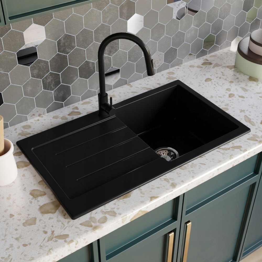 Zlewozmywak czarny granitowy duży jednokomorowy zlew kuchenny + syfon Marka bez marki