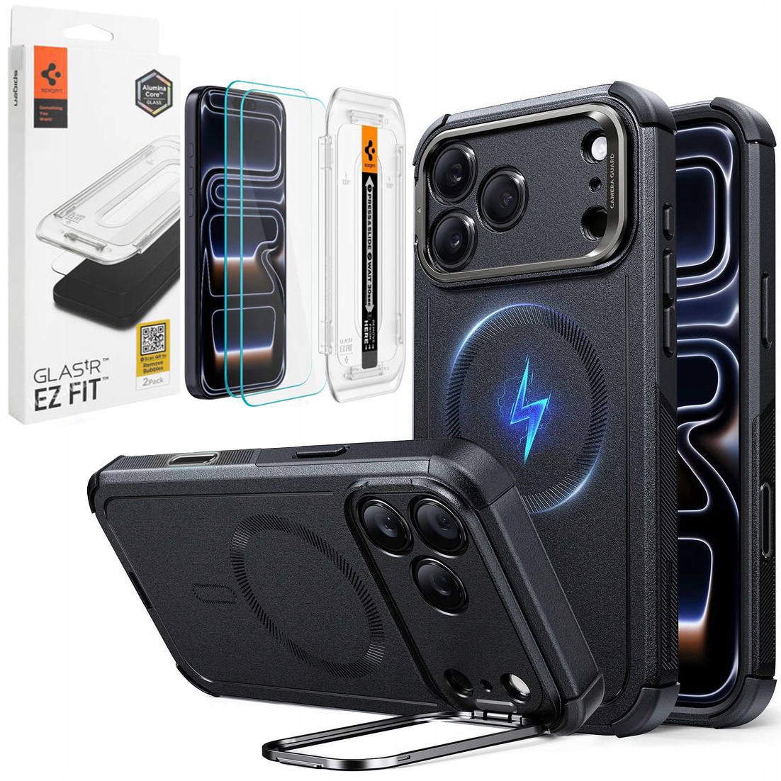 Pouzdro Esr Tough MagSafe s podstavcem 2x Sklo Spigen pro iPhone 17 Pro Max