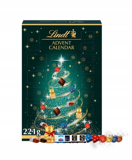 Адвент-календарь Lindt Christmas Tree Assorted, 24 шоколадные конфеты 221 г