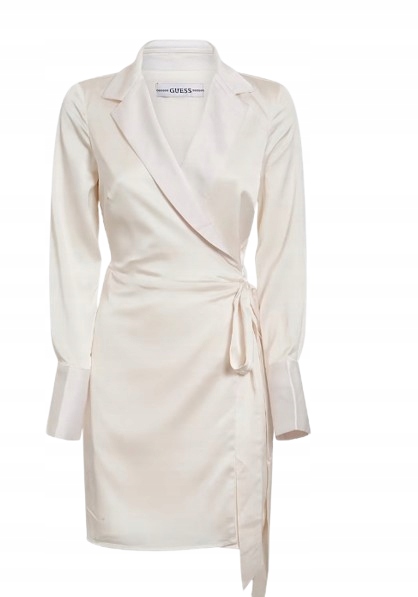 Guess Saténová Šaty S Dlouhým Rukávem A Zavazováním Ecru L Gxf