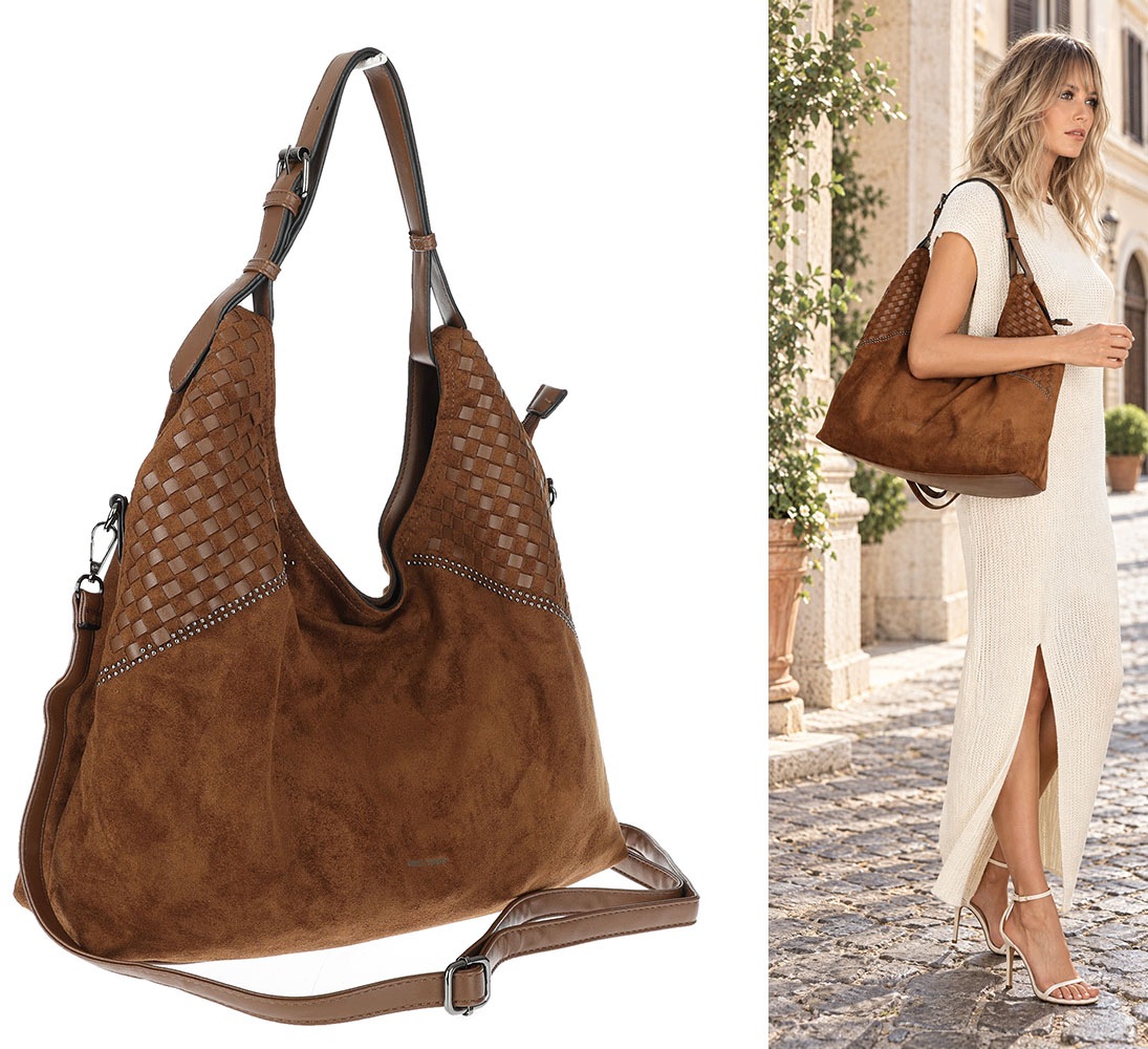 Dámská shopper kabelka semišová prostorná pásek lehká BS105 J. Hnědá