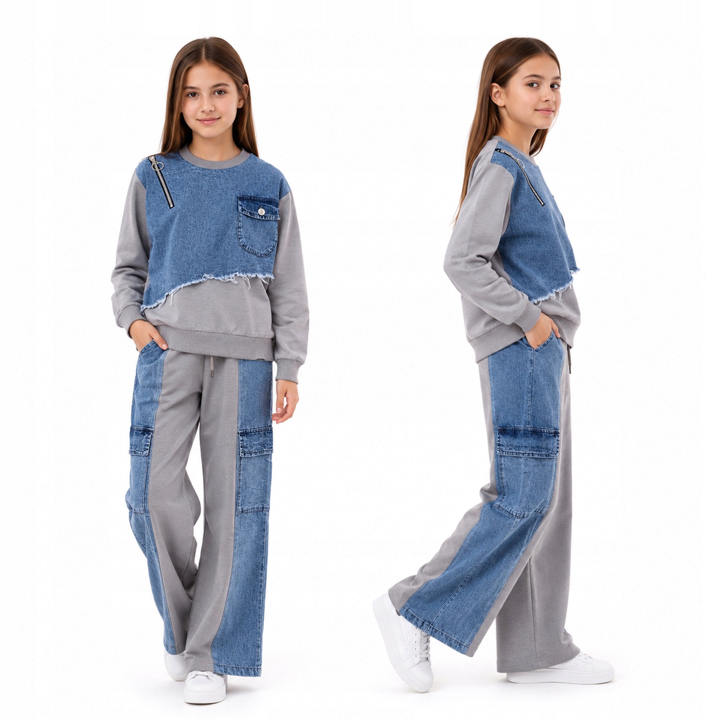 Dresowy Komplet Dziewczęcy Dres Dla Dziewczynki Bluza Spodnie Wide Leg 152