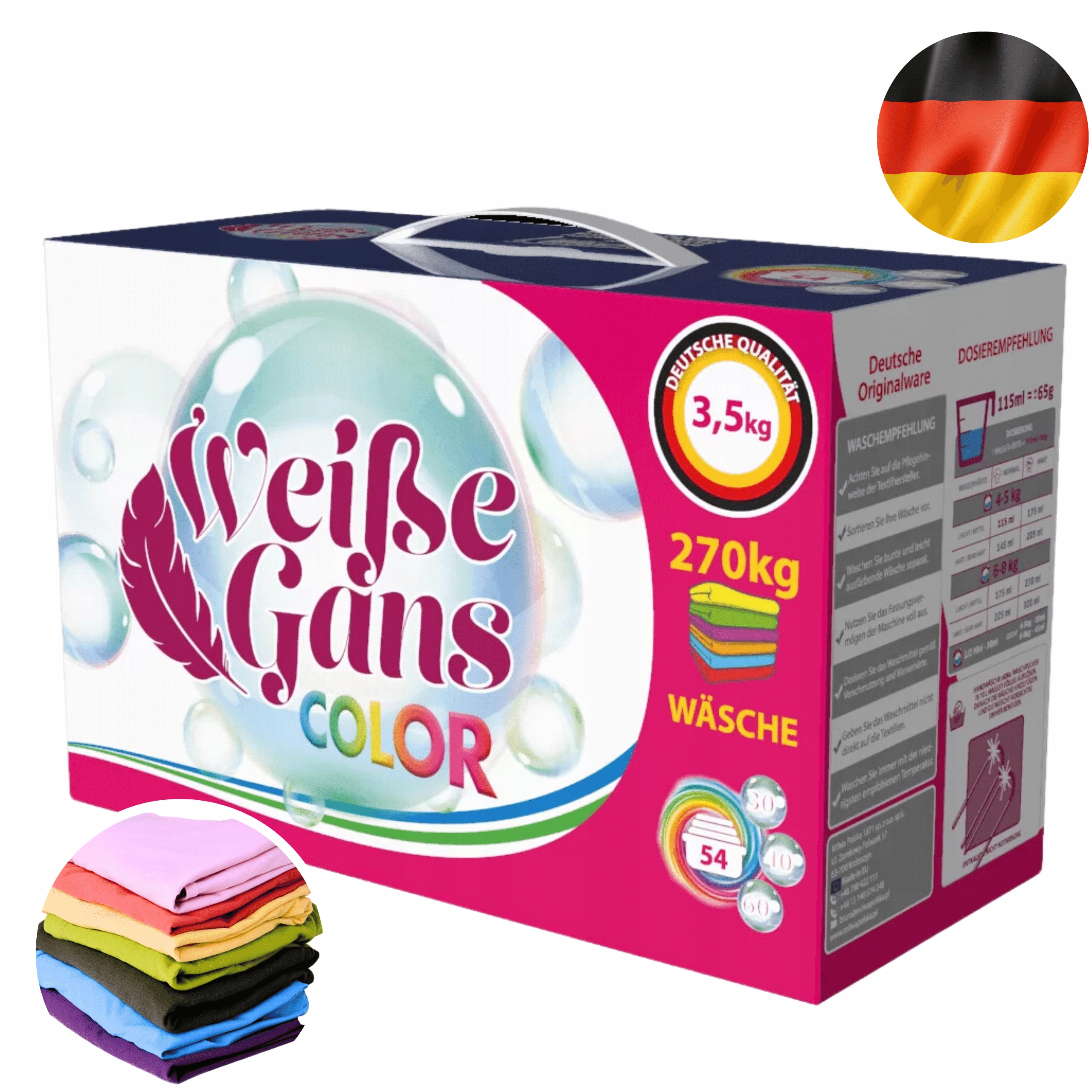 Německý prášek na praní barvy Weisse Gans pro barevné prádlo o hmotnosti 3,5 kg