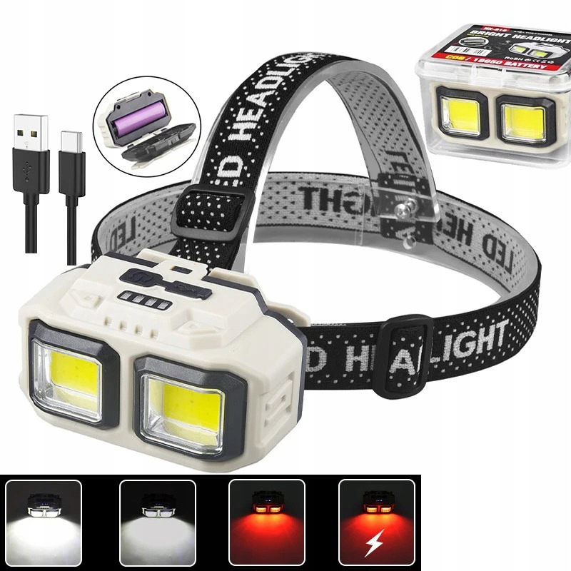 Latarka Czołowa Led Reflektor Na Głowę Usb 2x Cob Czujnik Ruchu Hq LC19