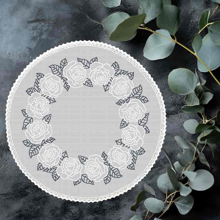 Sada na křížkovou výšivku Diy Kulatý ubrousek s bílými růžemi