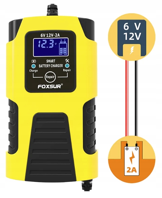 Prostownik Samochodowy do Akumulatorów 6V 12V 2A FUNKCJA NAPRAWY FOXSUR Stan opakowania oryginalne