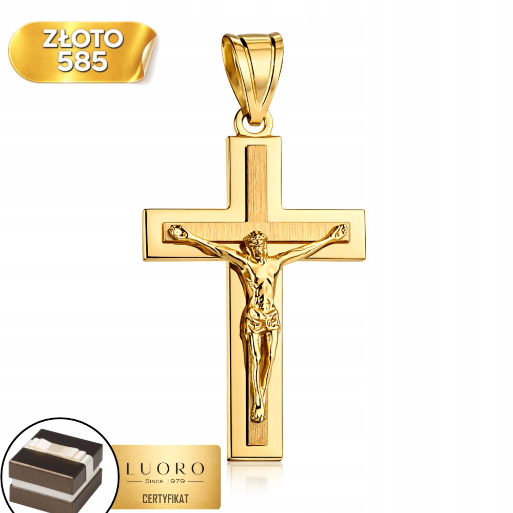 Zlatý Křížek 585 14K S Ježíškem, Saténové Zdobení 46 MM, Elegantní