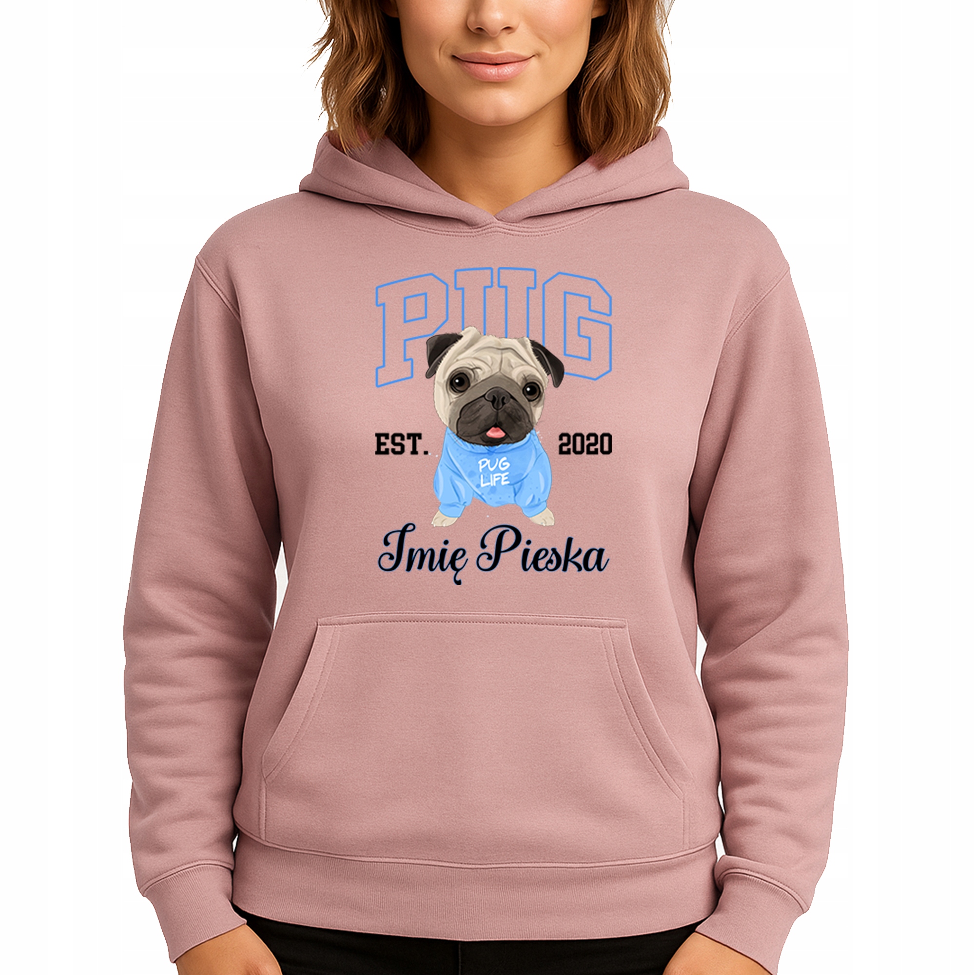 Mikina S Kapucí Růžová bavlněná mikina s kapucí Módní Pug Jméno pejska S