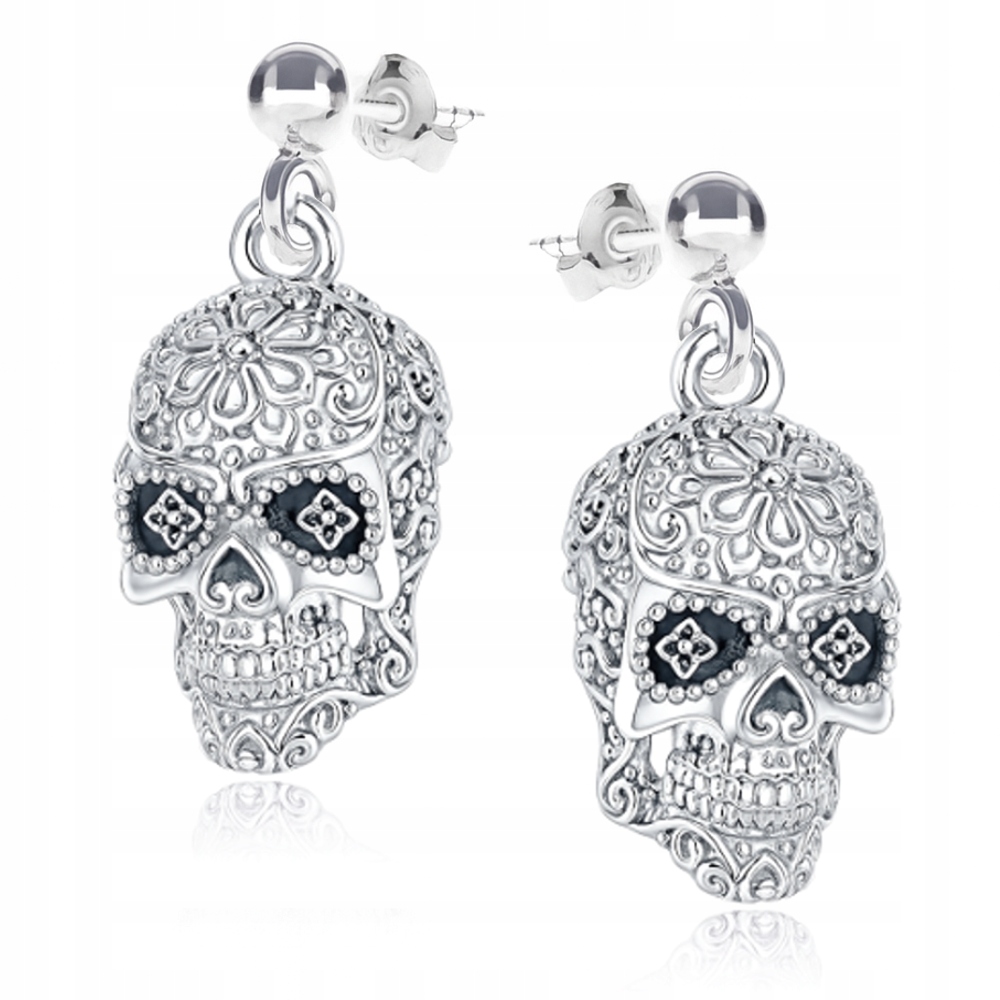 Stříbrné náušnice Dýka Lebka Cukrová Mexická 3D Velká Stříbro 925