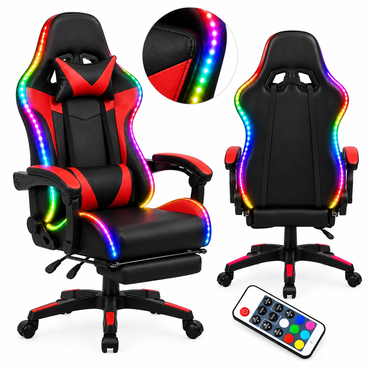 Herní křeslo Otočné Led Rgb Otočná masážní podnožka Černo-červená