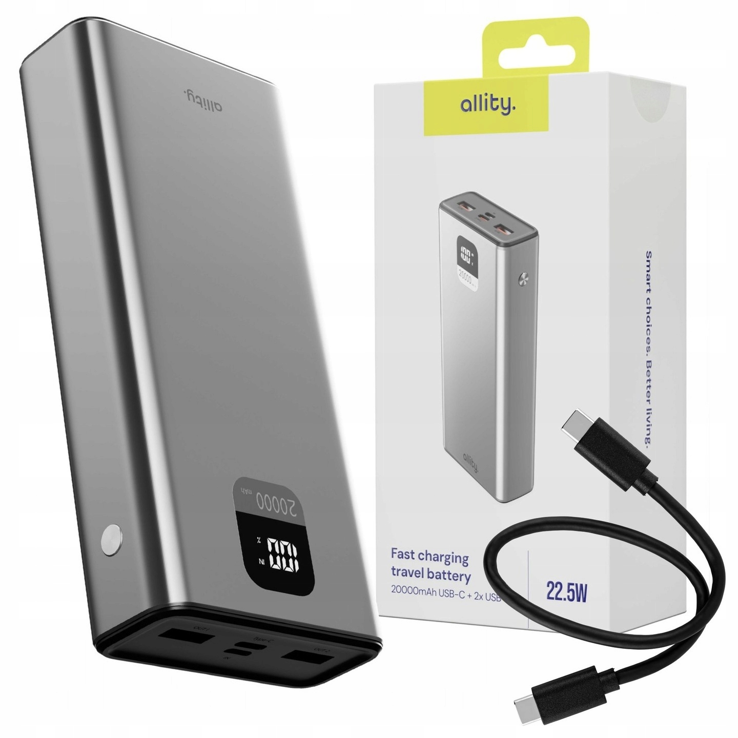 Powerbanka 20000 mAh 22.5W Usb-c 2x Usb-a Rychlé nabíjení Kabel