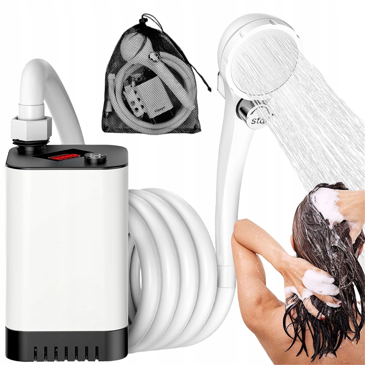 5200 mAh bílá akumulátorová sprcha s 1.8 m hadicí a regulací proudu