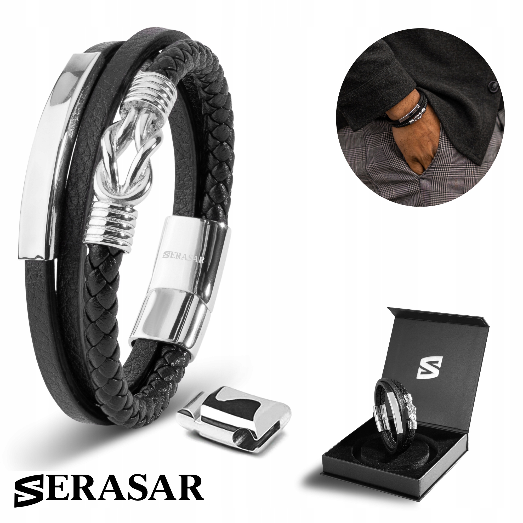 Serasar, Pánský kožený náramek [Proud] Stříbro, 20 cm