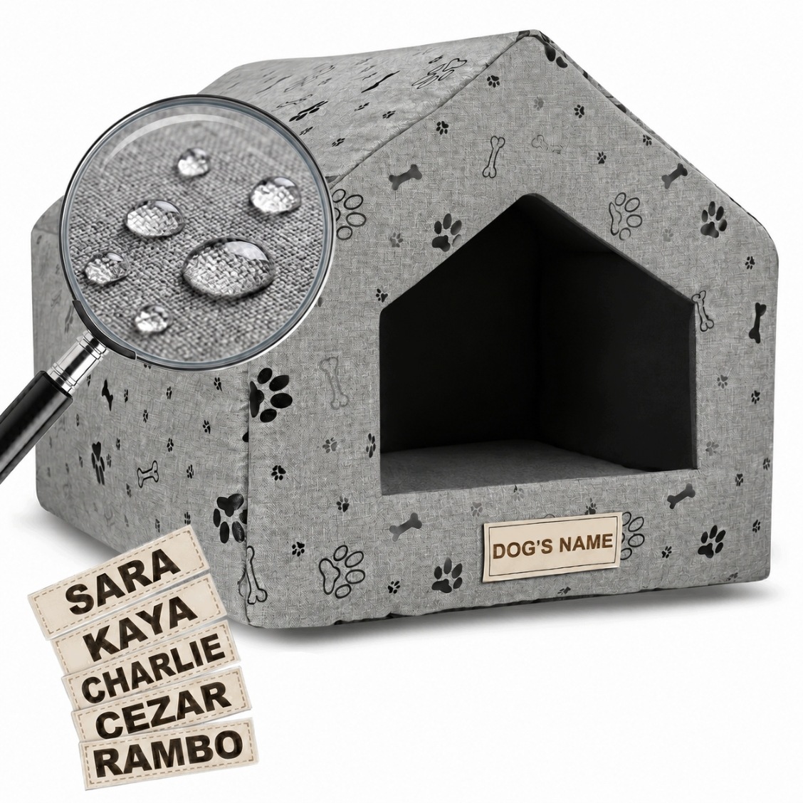 Pelíšek Domeček pro psa kočku Budka Kotec pro psa Šedá Jméno psa 50x40 cm