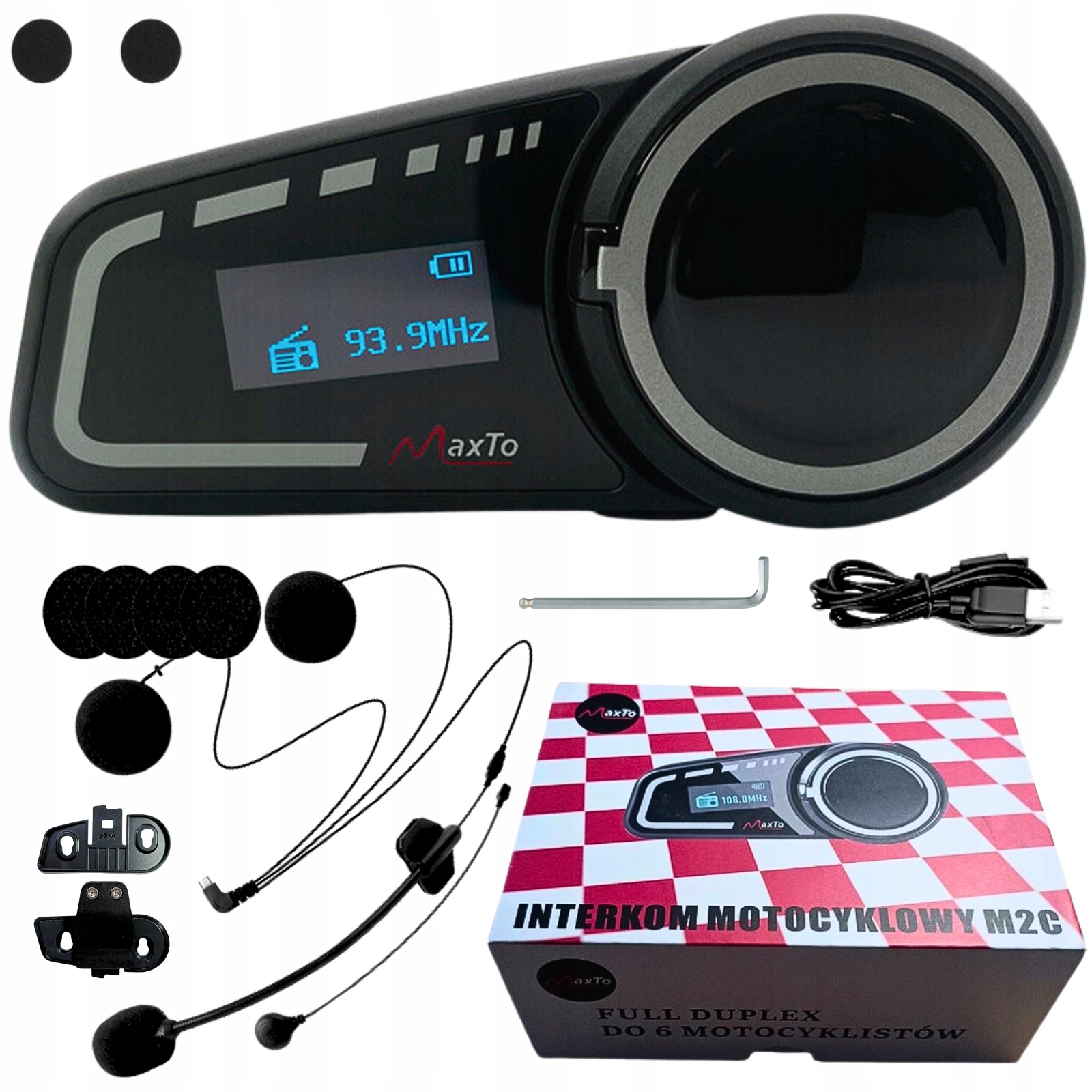 INTERKOM MOTOCYKLOWY MaxTo M2C do 6 Moto POLSKI LEKTOR 1000 METRÓW Czas ładowania 2.5 h
