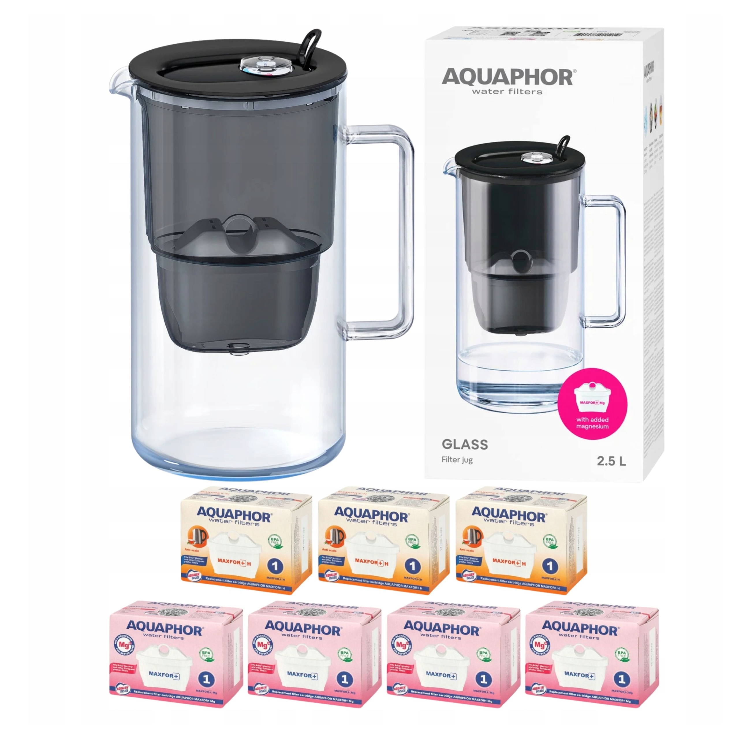 Filtrační konvice skleněná Aquaphor Glass černá 7 filtrů Maxfor (4Mg+3H)